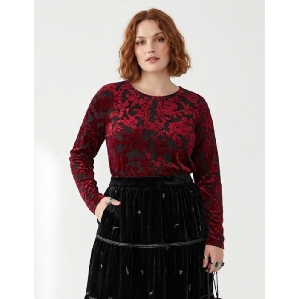 Ann Taylor Velvet Burnout Top Large Red Floral Mesh Long Sleeve Stretch